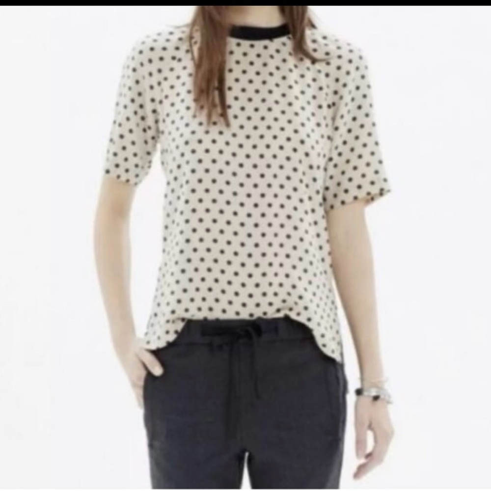 Madewell Cream Polka Dot Short Sleeve Crewneck Top with Black Trim